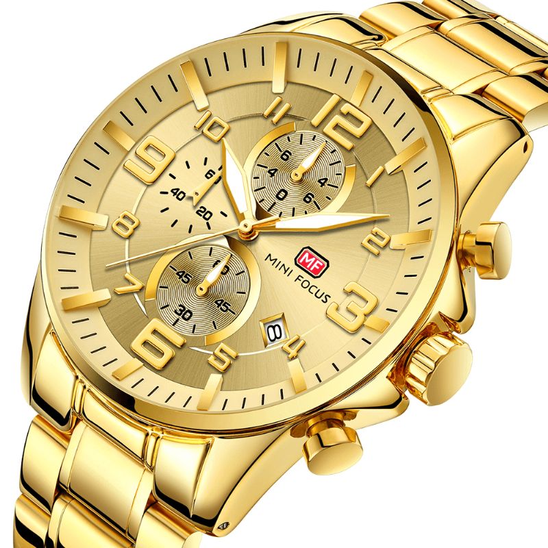 Mini Focus Mf0278G Royal Golden Stainless Steel Chronograph Business Kvartsklokke Herrearmbåndsur