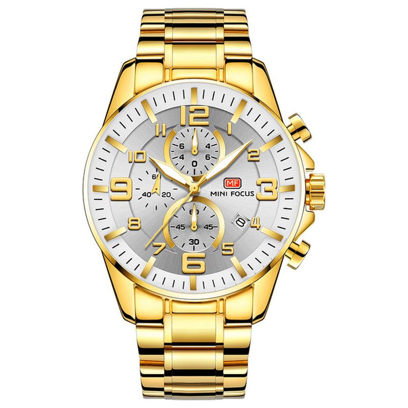 Mini Focus Mf0278G Royal Golden Stainless Steel Chronograph Business Kvartsklokke Herrearmbåndsur