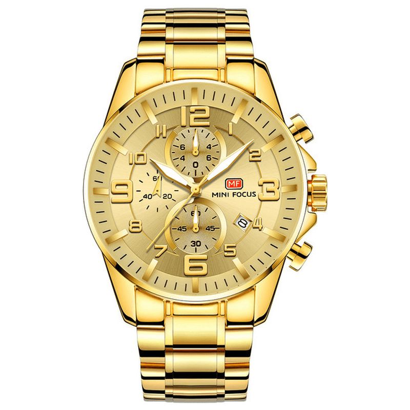 Mini Focus Mf0278G Royal Golden Stainless Steel Chronograph Business Kvartsklokke Herrearmbåndsur