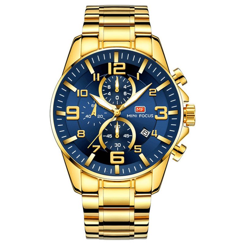 Mini Focus Mf0278G Royal Golden Stainless Steel Chronograph Business Kvartsklokke Herrearmbåndsur