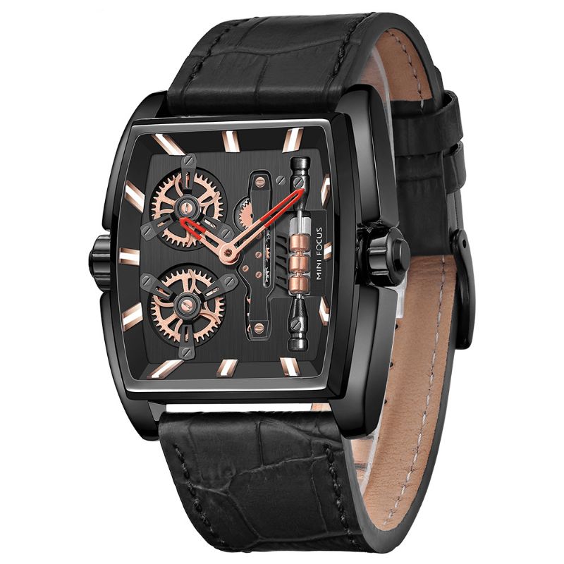 Mini Focus Mf0322G Creative Dial Rectangle Herrearmbåndsklokke Ekte Skinnbånd Kvartsklokke