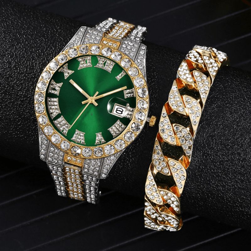 Mote 2 Stk Sett Alloy Diamond Business Watch Dekorert Pointer Kvartsklokke Armbånd