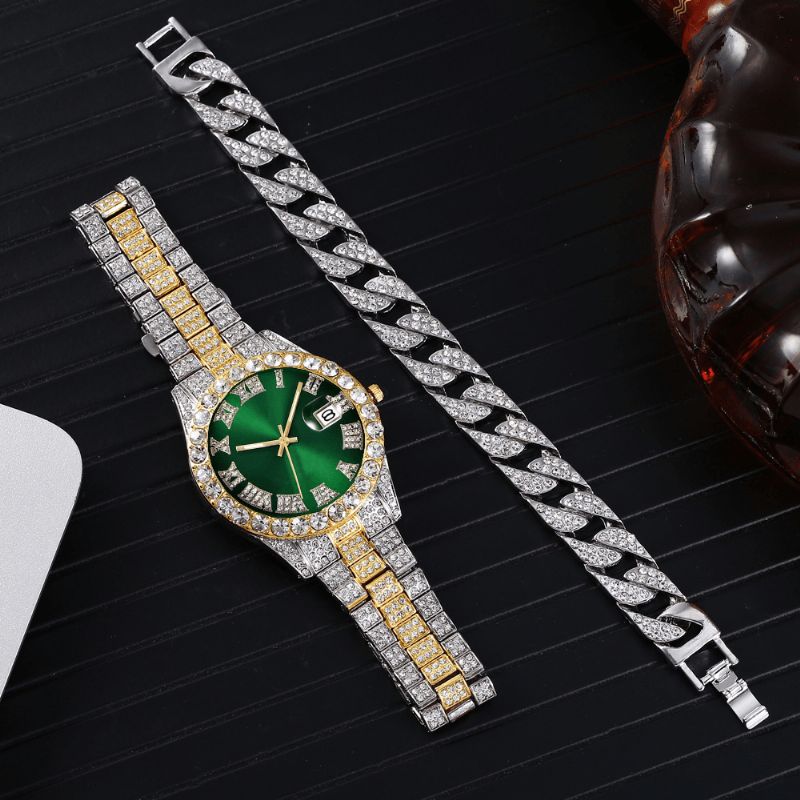 Mote 2 Stk Sett Alloy Diamond Business Watch Dekorert Pointer Kvartsklokke Armbånd