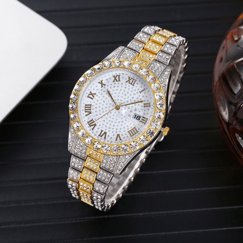 Mote 2 Stk Sett Alloy Diamond Business Watch Dekorert Pointer Kvartsklokke Armbånd