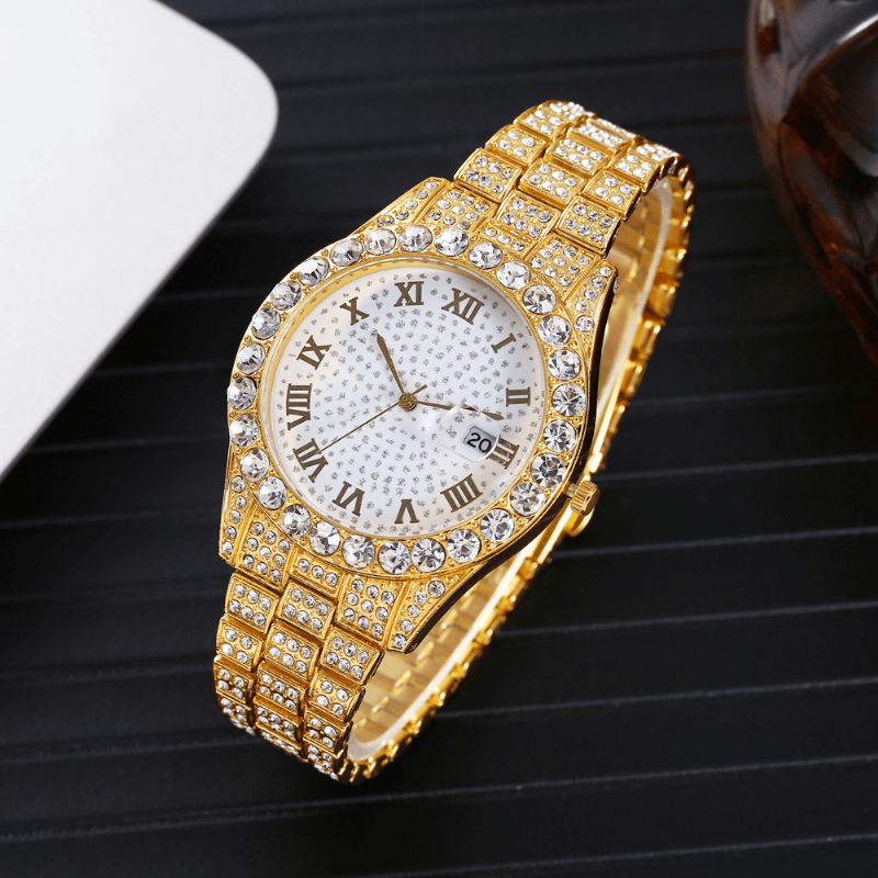 Mote 2 Stk Sett Alloy Diamond Business Watch Dekorert Pointer Kvartsklokke Armbånd