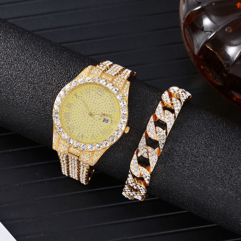 Mote 2 Stk Sett Alloy Diamond Business Watch Dekorert Pointer Kvartsklokke Armbånd