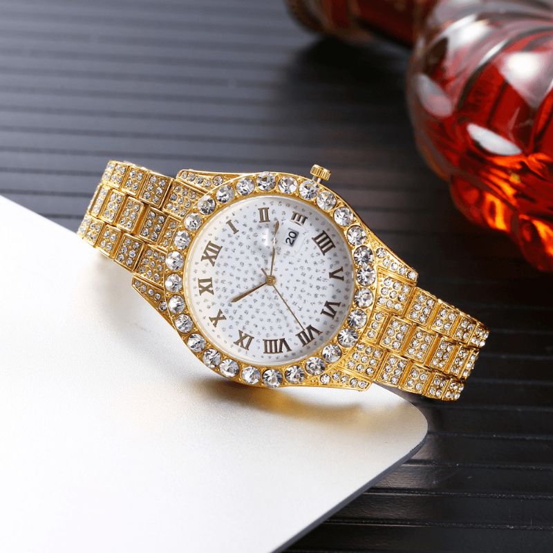 Mote 2 Stk Sett Alloy Diamond Business Watch Dekorert Pointer Kvartsklokke Armbånd