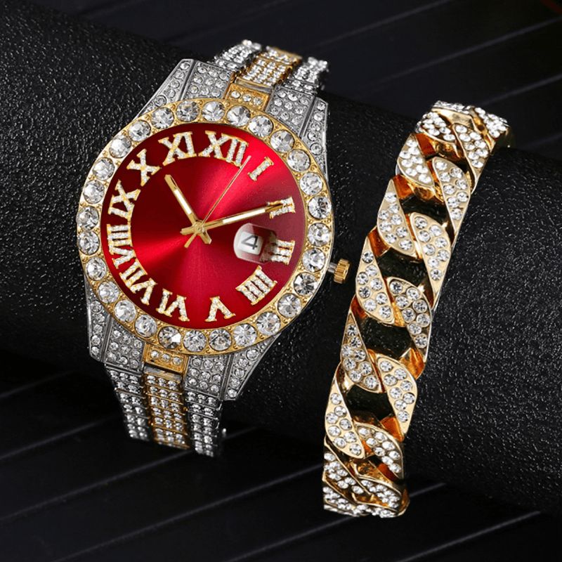 Mote 2 Stk Sett Alloy Diamond Business Watch Dekorert Pointer Kvartsklokke Armbånd