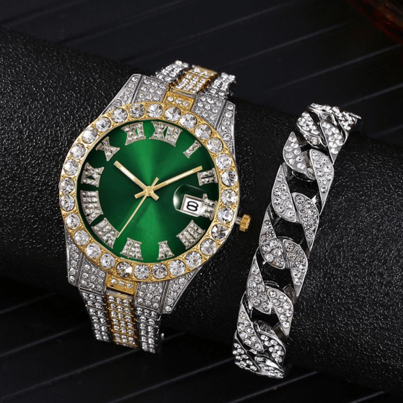 Mote 2 Stk Sett Alloy Diamond Business Watch Dekorert Pointer Kvartsklokke Armbånd