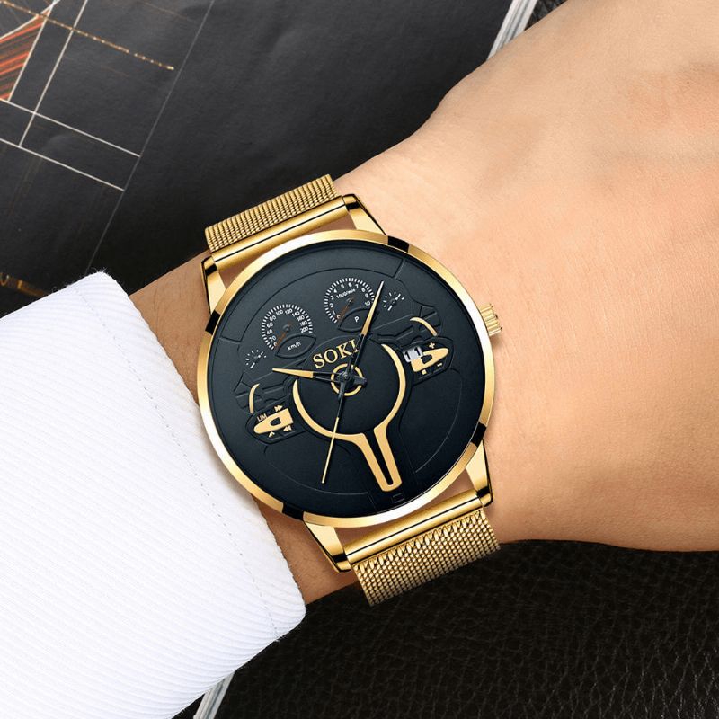 Mote Casual Alloy Menn Business Watch Dekorert Pointer Calendar Kvartsklokke