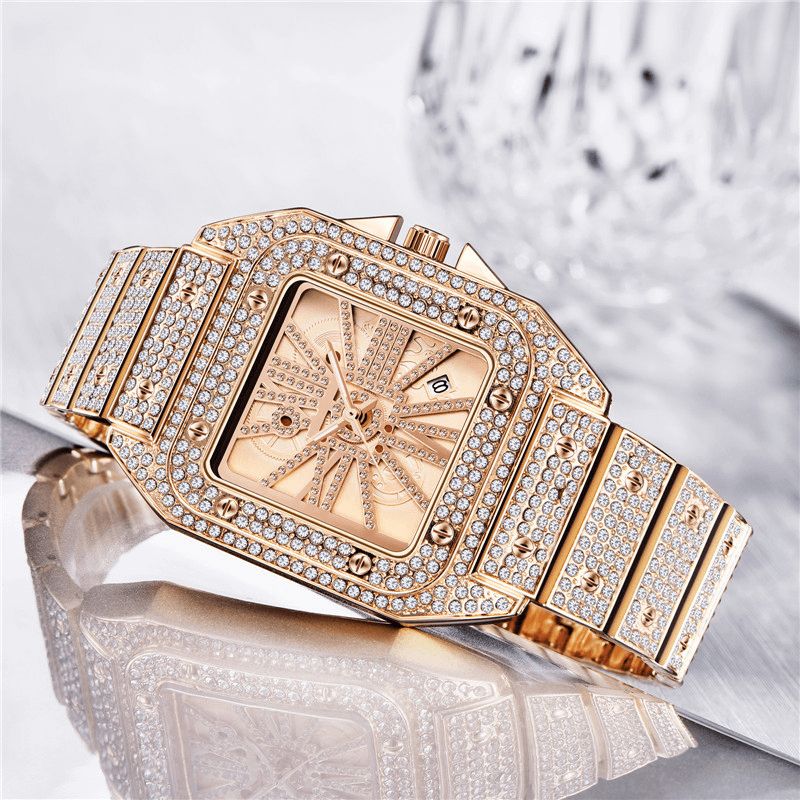 Mote Elegant Alloy Kvartsklokke Diamond Cool Herre Watch Square Dial Shape Kvartsklokke