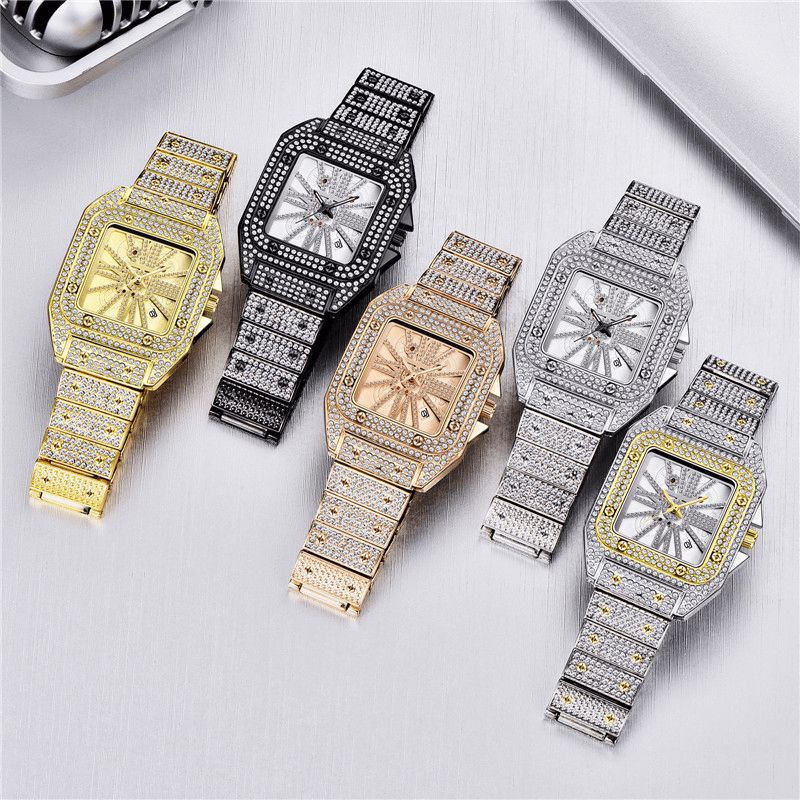 Mote Elegant Alloy Kvartsklokke Diamond Cool Herre Watch Square Dial Shape Kvartsklokke