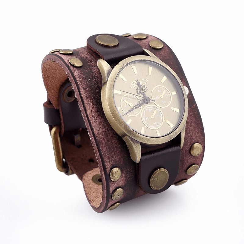 Mote Punk Vintage Ekte Skinn Menn Kvartsklokke Armbånd Watch