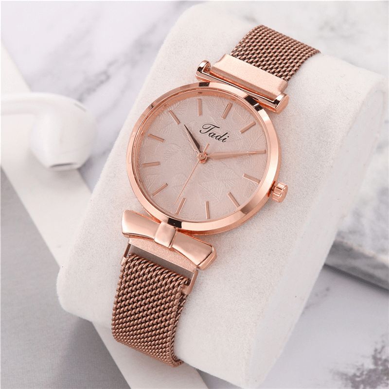 Mote Uformell Elegant Design Dame Klokker Alloy Mesh Band Dial Wrist Case Kvartsklokke