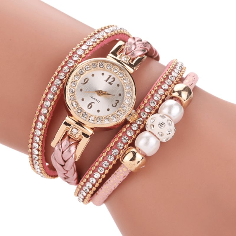 Motestil Kvinner Pearl Braided Alloy Dame Armbåndsur Laides Dress Kvartsklokke Armbånd