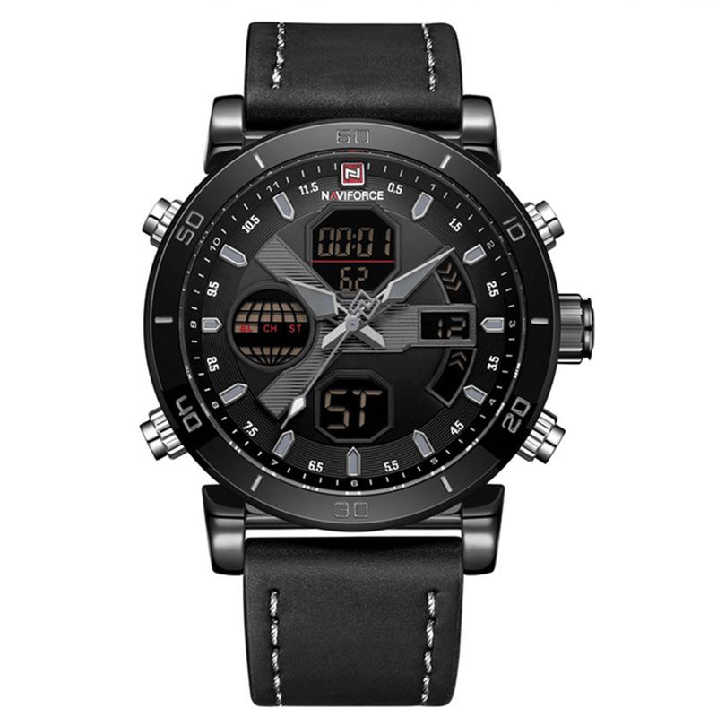 Naviforce 9132 Dual Display Digital Watch Herre Luminous Calendar Watch Lærreim Klokke