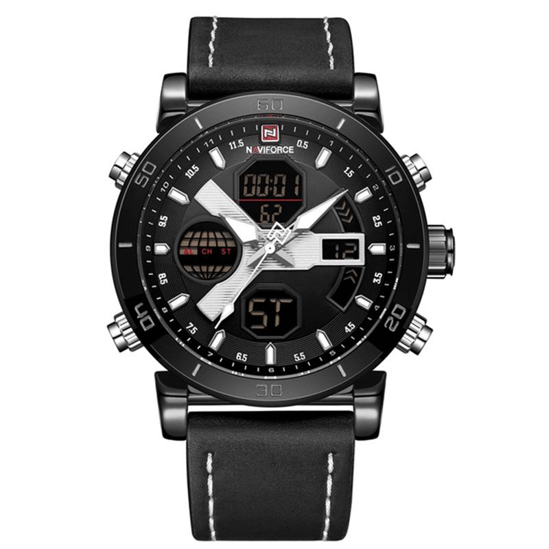 Naviforce 9132 Dual Display Digital Watch Herre Luminous Calendar Watch Lærreim Klokke