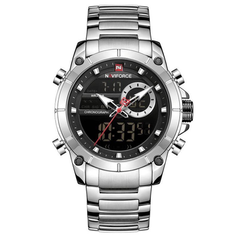 Naviforce 9163 Vanntett Alarm Business Style Dual Display Watch Full Steel Kvartsklokke