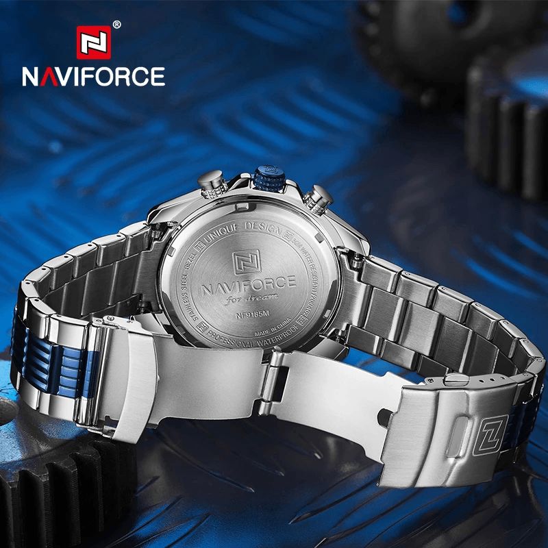 Naviforce 9185 Luminous Display Calendar Full Steel Kvartsklokke Fasjonable Vanntette Herreklokker