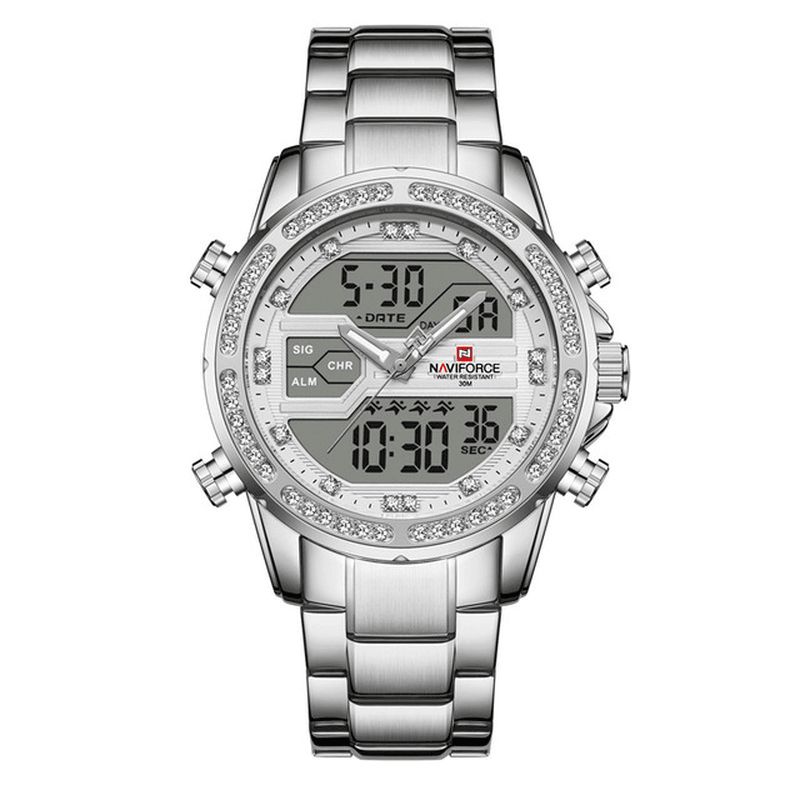 Naviforce 9190 Crystal Full Steel Band Dual Display Klokke Kalenderalarm Herre Armbåndsur