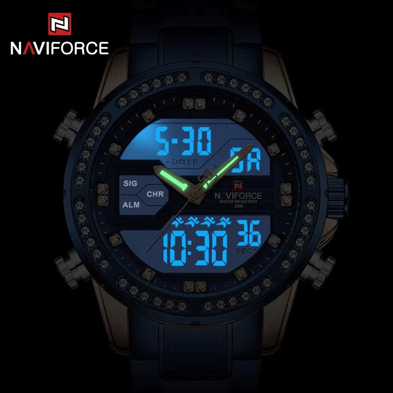 Naviforce 9190 Crystal Full Steel Band Dual Display Klokke Kalenderalarm Herre Armbåndsur