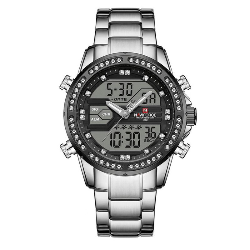 Naviforce 9190 Crystal Full Steel Band Dual Display Klokke Kalenderalarm Herre Armbåndsur