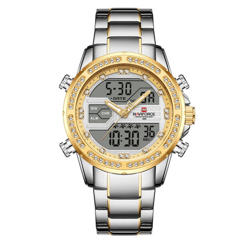 Naviforce 9190 Crystal Full Steel Band Dual Display Klokke Kalenderalarm Herre Armbåndsur