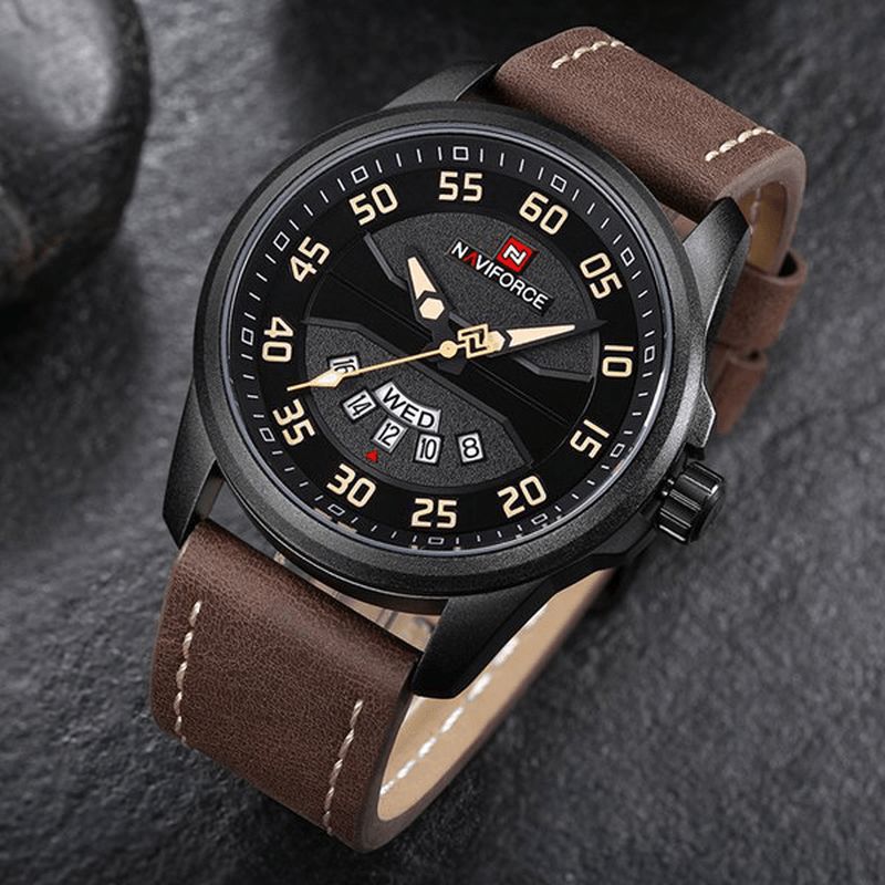 Naviforce Nf9124 Herreklokke Lærreim Enkel Urskive Kvarts-Armbåndsur For Menn