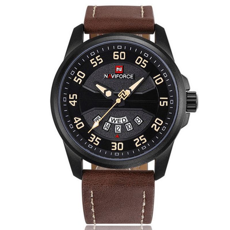 Naviforce Nf9124 Herreklokke Lærreim Enkel Urskive Kvarts-Armbåndsur For Menn