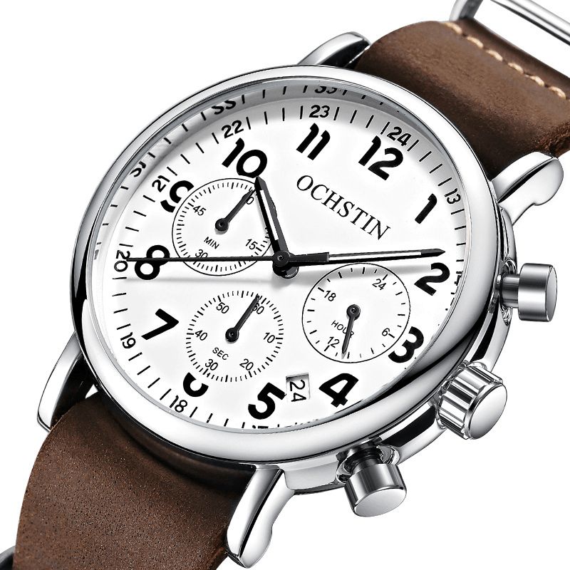 Ochstin Gq081A Chronograph Uformell Stil Herrearmbåndsklokke Ekte Skinnbånd Kvartsklokke