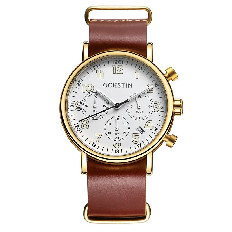 Ochstin Gq081A Chronograph Uformell Stil Herrearmbåndsklokke Ekte Skinnbånd Kvartsklokke