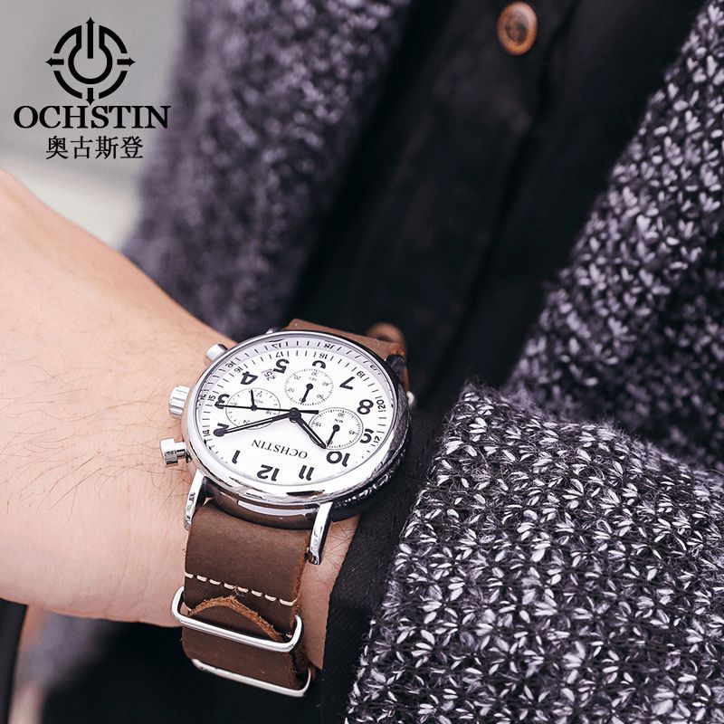 Ochstin Gq081A Chronograph Uformell Stil Herrearmbåndsklokke Ekte Skinnbånd Kvartsklokke