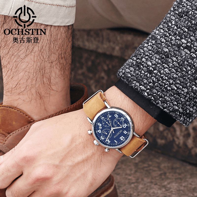 Ochstin Gq081A Chronograph Uformell Stil Herrearmbåndsklokke Ekte Skinnbånd Kvartsklokke