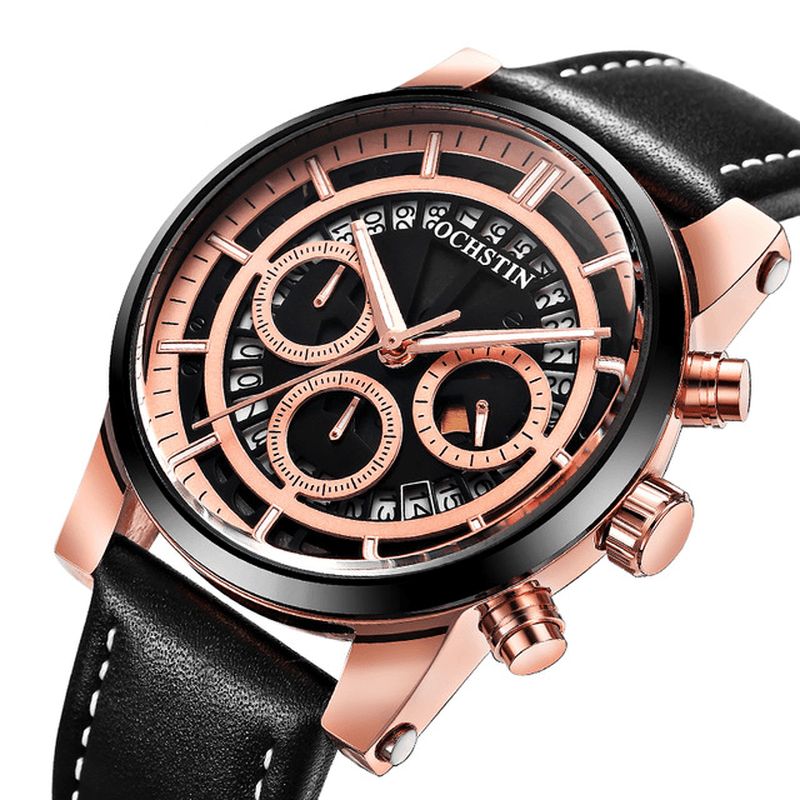 Ochstin Gq6110A Lysende Skjerm For Menn Armbåndsur Chronograph Lærreim Kvarts Klokker