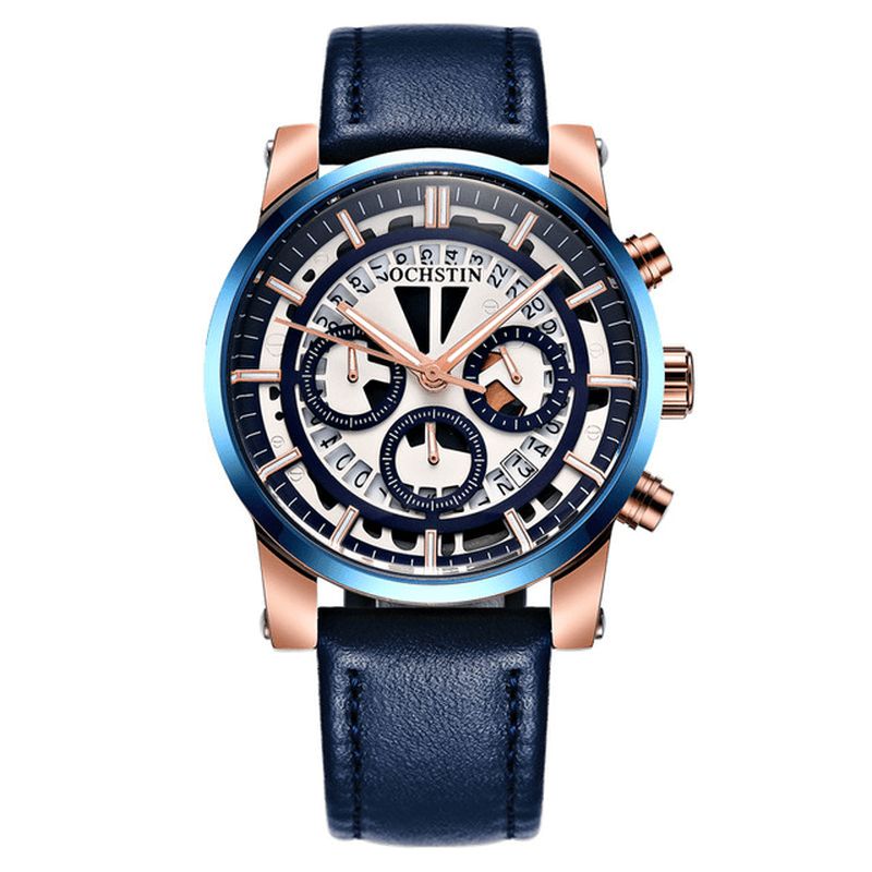 Ochstin Gq6110A Lysende Skjerm For Menn Armbåndsur Chronograph Lærreim Kvarts Klokker