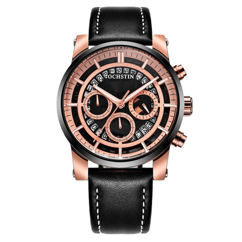 Ochstin Gq6110A Lysende Skjerm For Menn Armbåndsur Chronograph Lærreim Kvarts Klokker