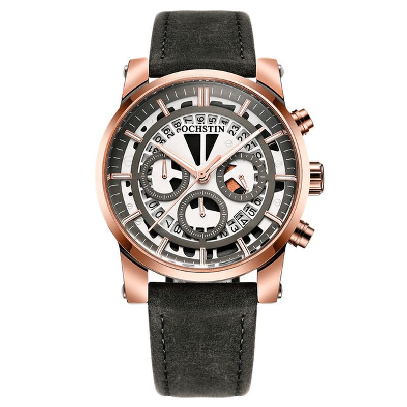 Ochstin Gq6110A Lysende Skjerm For Menn Armbåndsur Chronograph Lærreim Kvarts Klokker