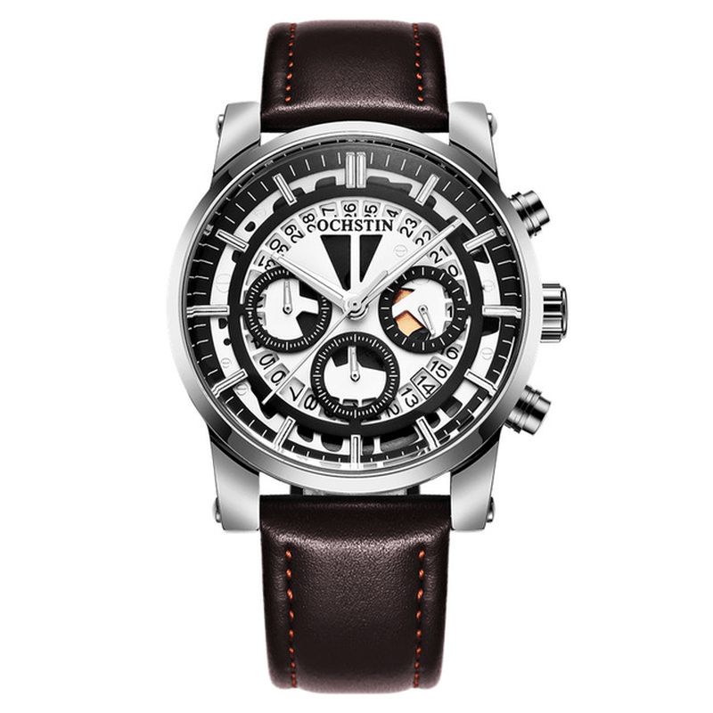 Ochstin Gq6110A Lysende Skjerm For Menn Armbåndsur Chronograph Lærreim Kvarts Klokker