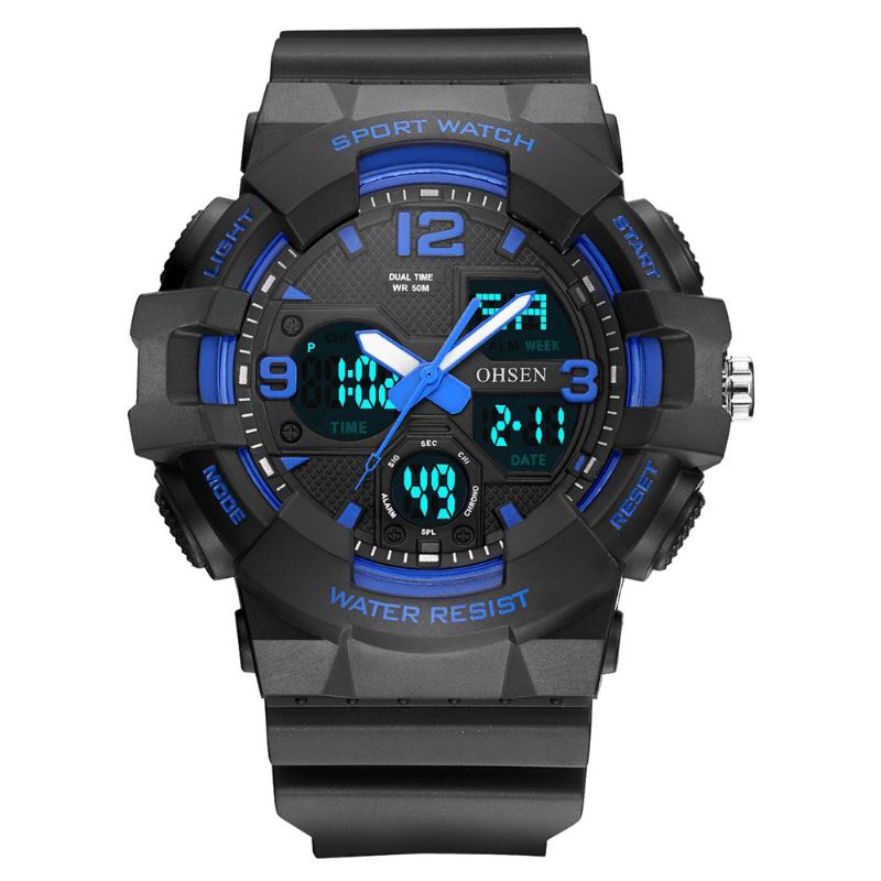 Ohsen Ad1711 Fasjonable Led Display Herre Armbåndsur 5Atm Vanntett Sport Digital Watch