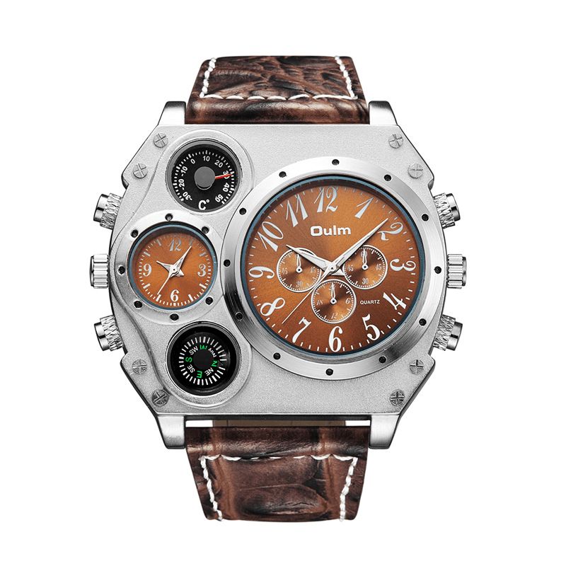 Oulm 1349 Dual Time Zones Creative Kvartsklokke Big Dial Military Style Herreklokker