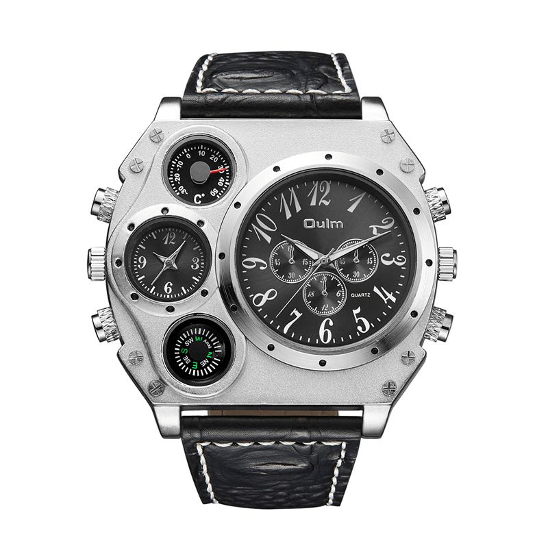 Oulm 1349 Dual Time Zones Creative Kvartsklokke Big Dial Military Style Herreklokker