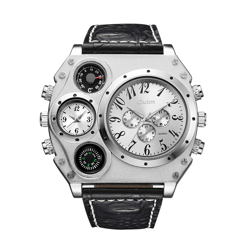 Oulm 1349 Dual Time Zones Creative Kvartsklokke Big Dial Military Style Herreklokker