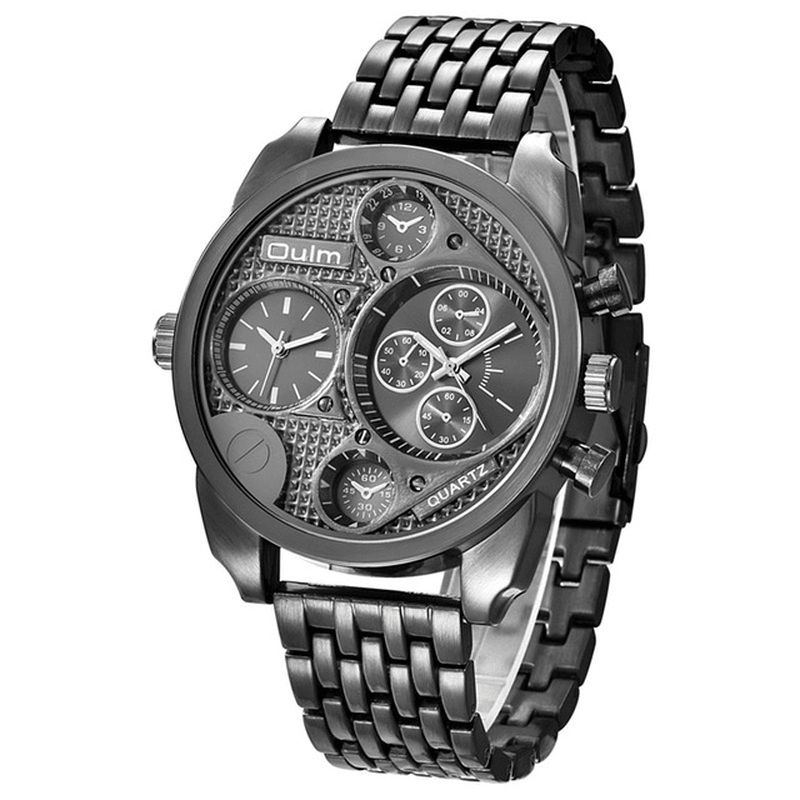 Oulm 9316 Business Style Full Steel Herrearmbåndsur Dual Time Zones Kvartsklokke