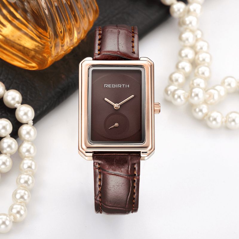 Rebirth Re203 Square Dial Dame Armbåndsur Elegant Design Leather Band Quartz Klokker