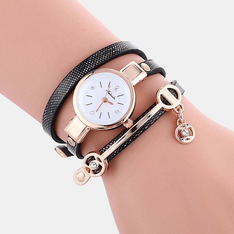 Retro Pu-Rem Rhinestone Multi-Layer Watch Metallanheng Justerbar Classic Lady Kvartsklokke