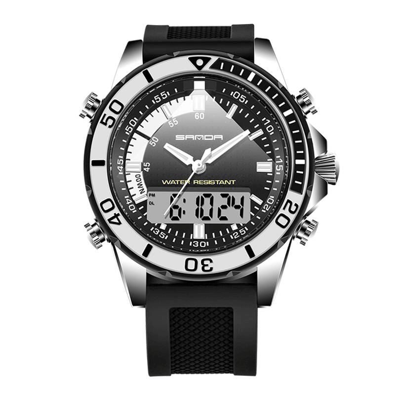 Sanda 003 Fashion Herre Led Dual Display Watch Silikonrem Svømming Dykking Sport Watch