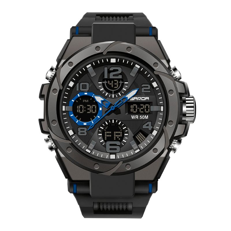 Sanda 6008 Sport Style Vekkerklokke Lysende Display Klokke Mote Menn Vanntett Dual Display Digital Watch