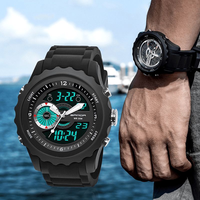 Sanda 769 Sport Herreklokke Lysende Dato Uke Display Dual Time Vanntett Utendørs Digitalklokke