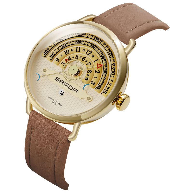 Sanda P1030 Fashion Dato Display Creative Dial Fashion Herre Leather Strap Kvartsklokke