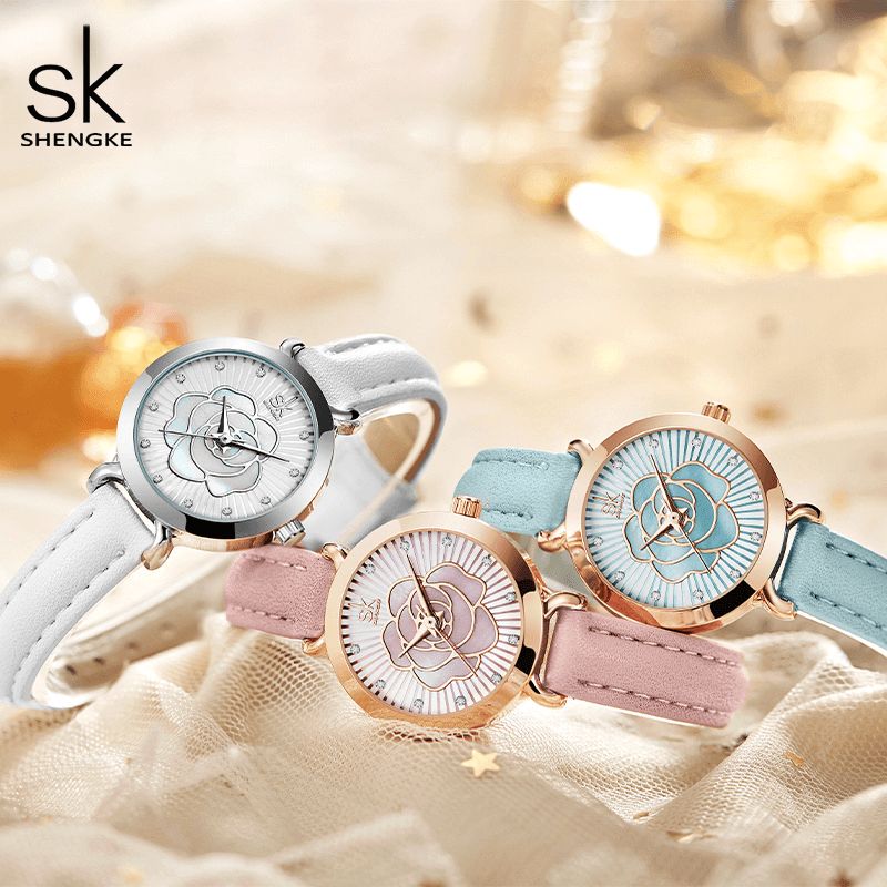 Shengke K0148 Fashion Leather Band Watch Casual Dial Elegant Dame Kvartsklokke